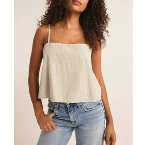 Z Supply NEW Women Large Ballast Casita Stripe Tank Sandstone Beige Cotton Linen